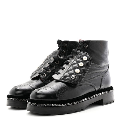 Chanel Crackled Calfskin Velvet Pearl Combat Short Boots 38 Black 4 of 10