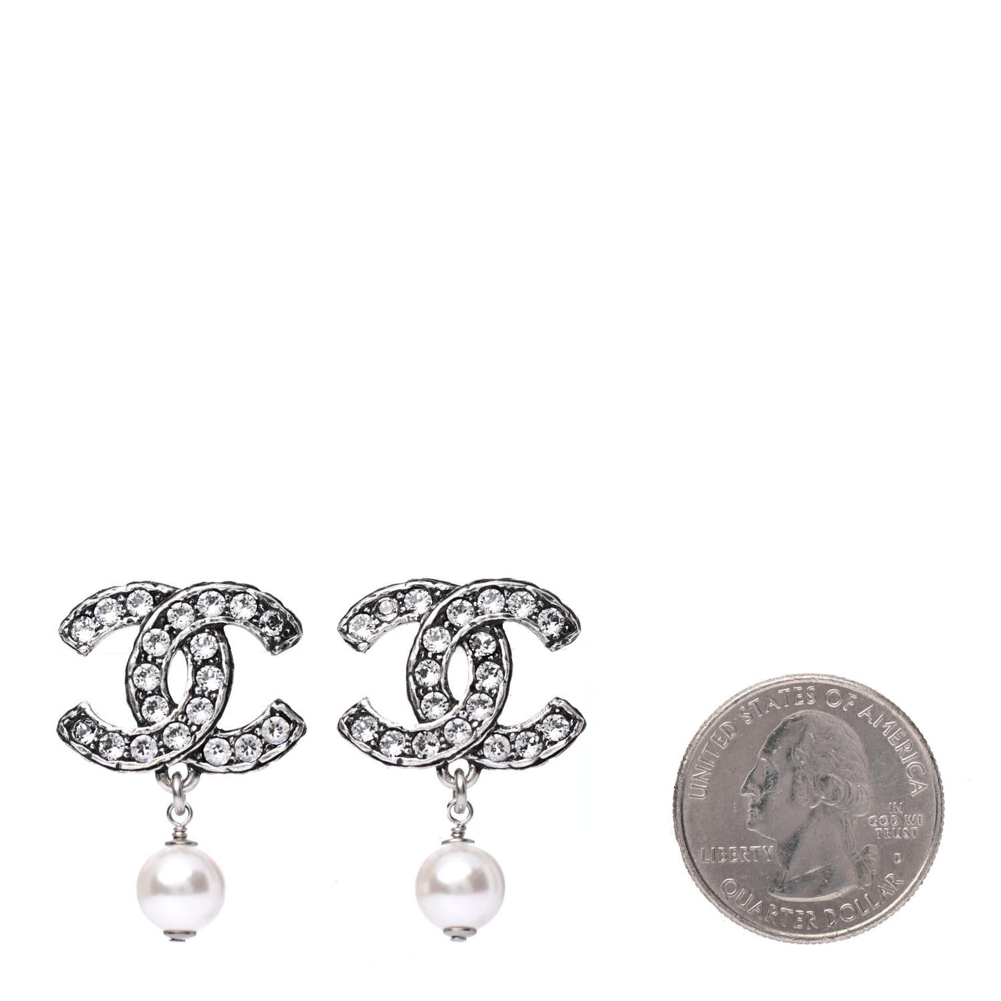 Crystal Pearl CC Drop Earrings Silver