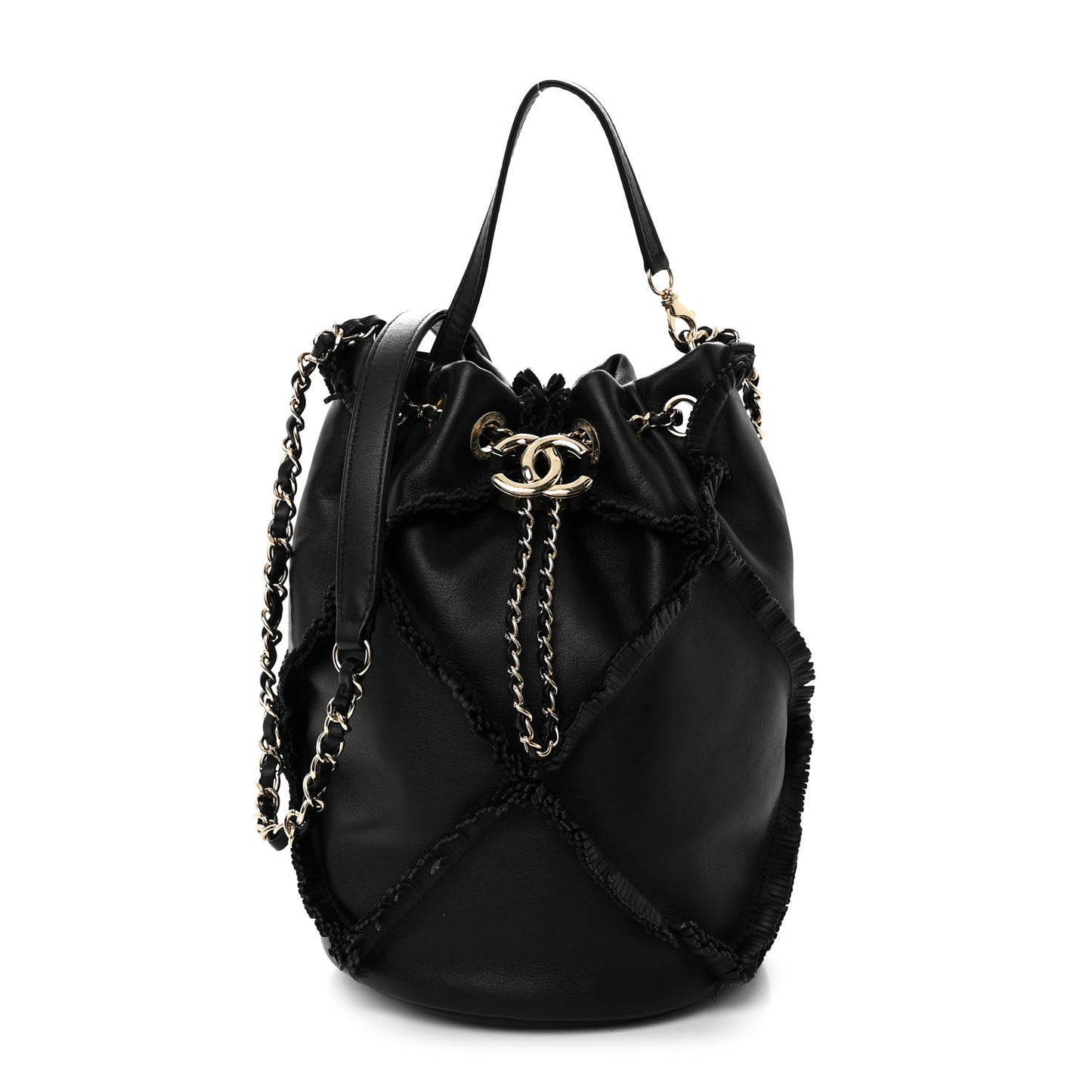 Lambskin Quilted Fringe CC Chain Bucket Drawstring Bag Black