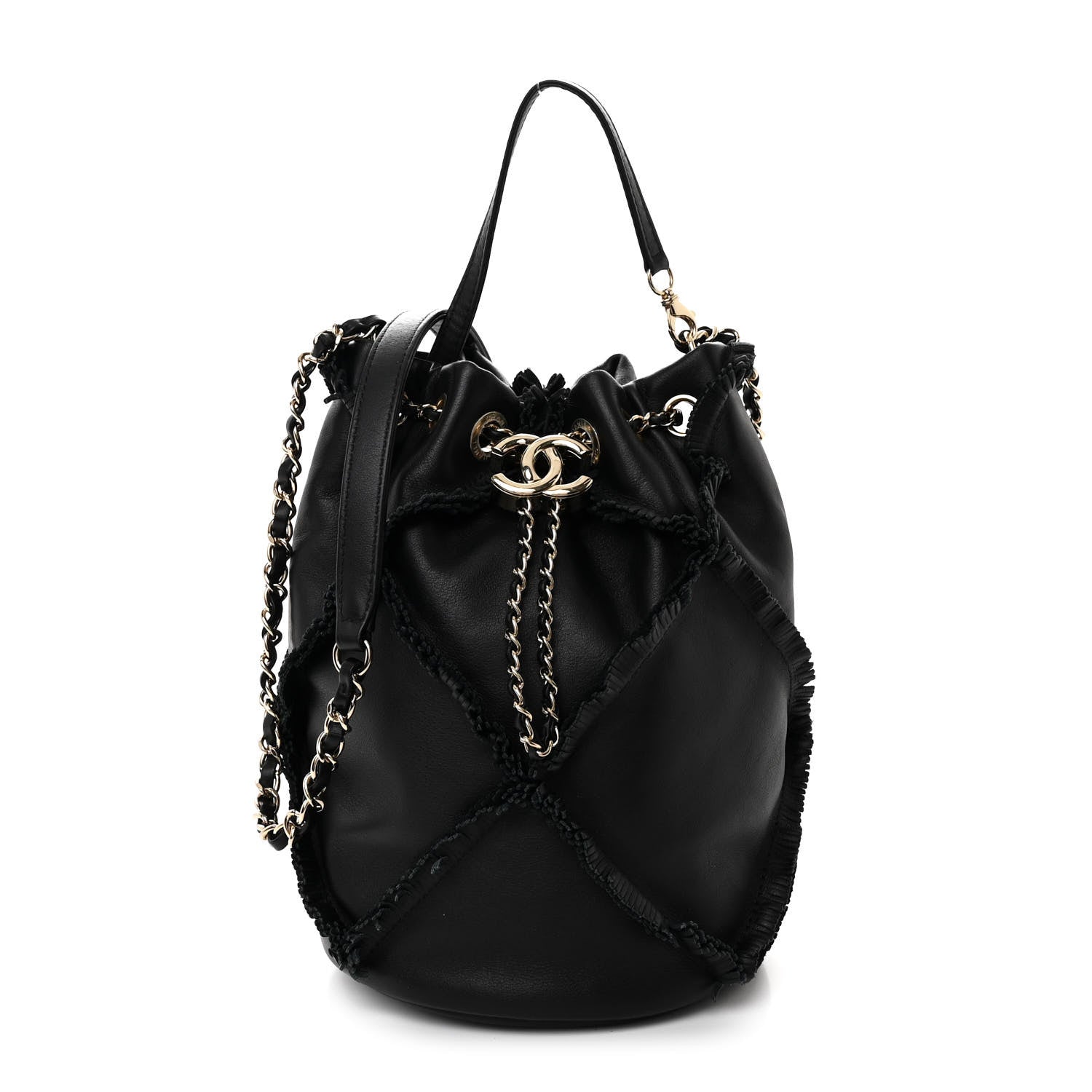 Chanel Lambskin Quilted Fringe CC Chain Bucket Drawstring Bag Black 1 of 11