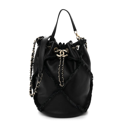 Chanel Lambskin Quilted Fringe CC Chain Bucket Drawstring Bag Black 1 of 11