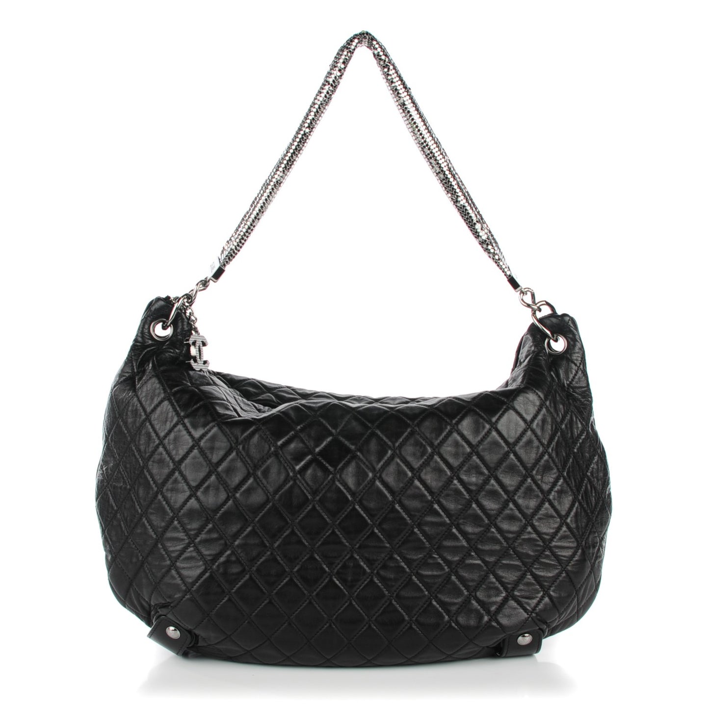 Lambskin Large Chain Mail Hobo Black
