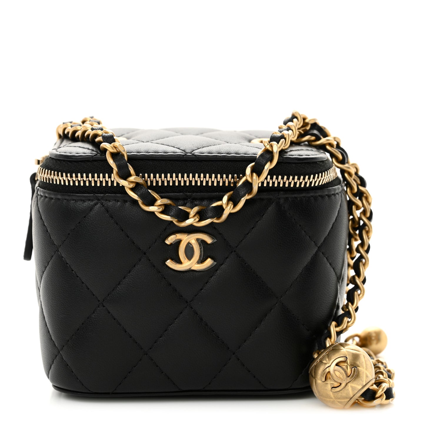 Lambskin Quilted Mini Pearl Crush Vanity Case With Chain Black