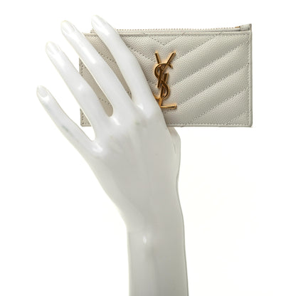 Saint Laurent Grain De Poudre Matelasse Chevron Monogram Fragments Zippered Card Case Crema Soft 2 of 8