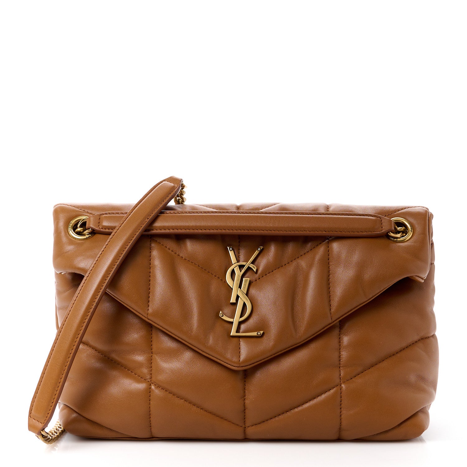 Saint Laurent Lambskin Quilted Small Loulou Puffer Monogram Chain Satchel Dark Honey 1 of 11