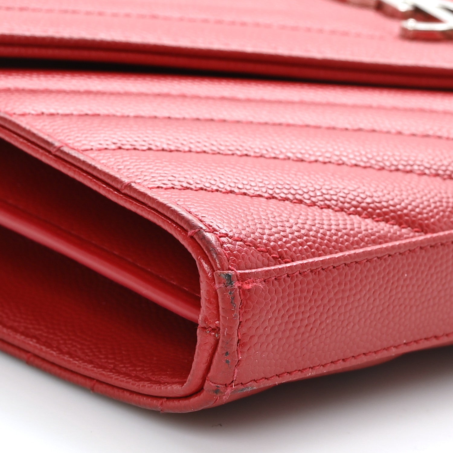 Saint Laurent Grain De Poudre Matelasse Chevron Monogram Chain Wallet New Red 9 of 10