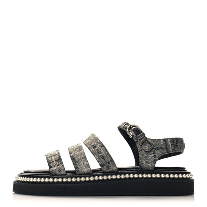 Chanel Tweed Grosgrain Pearl Platform Sandals 38 Black 1 of 9