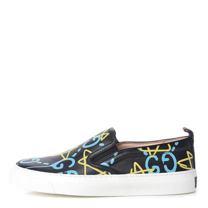 Gucci Calfskin GucciGhost Print Womens Slip On Sneakers 34.5 Black New Acquamarine 1 of 10