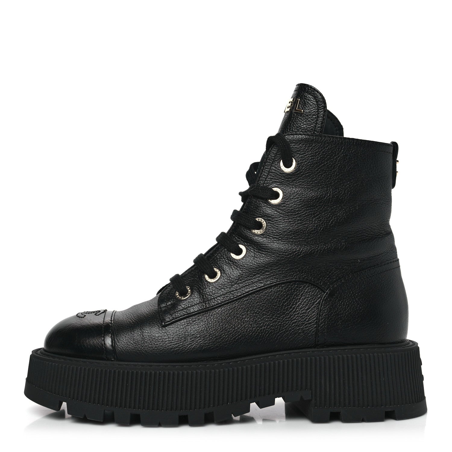 Chanel Calfskin CC Lace Up Combat Boots 39.5 Black 1 of 8