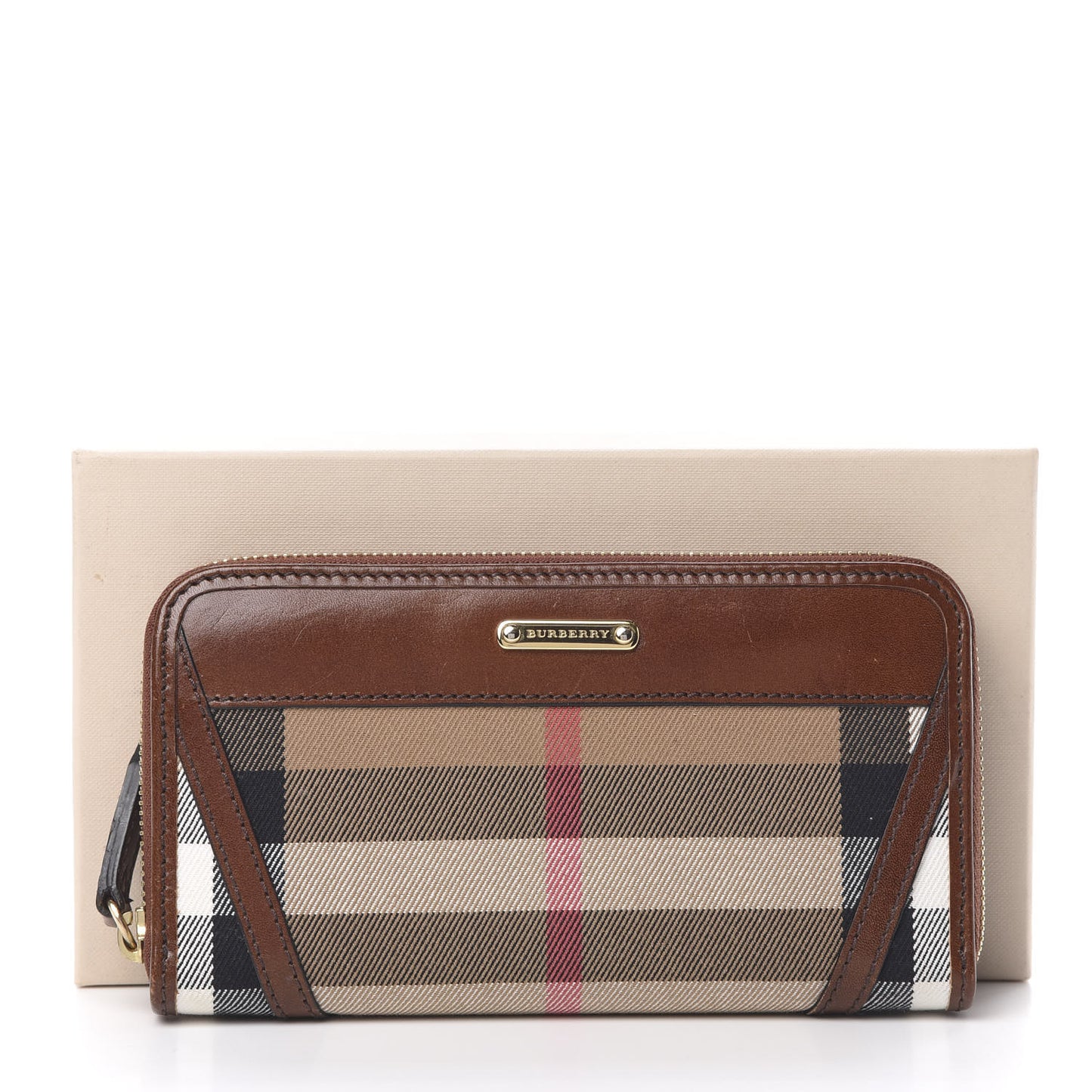 House Check Bridle Calfskin Ziggy Zip Around Wallet Dark Tan