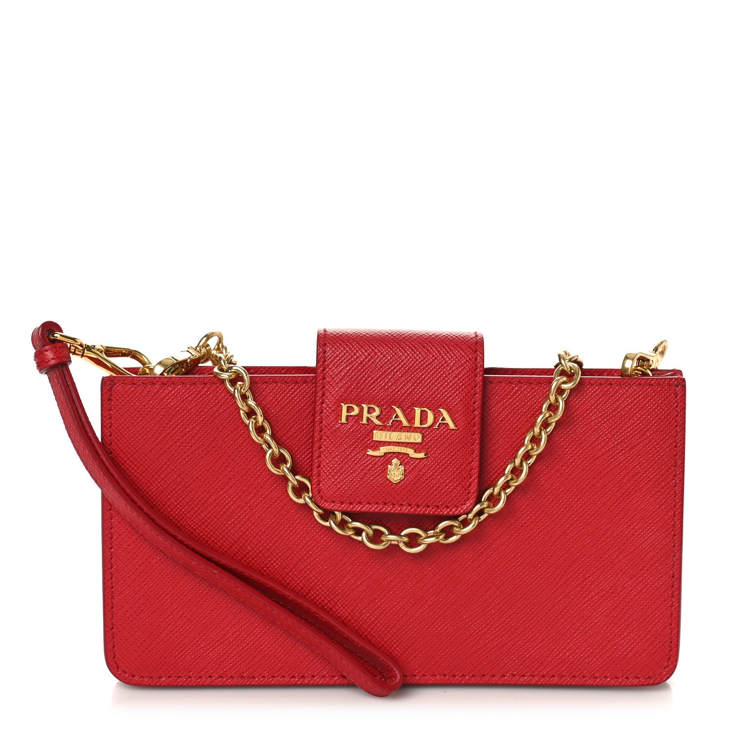 Prada Saffiano Metal Mini Chain Wallet Fuoco 1 of 8
