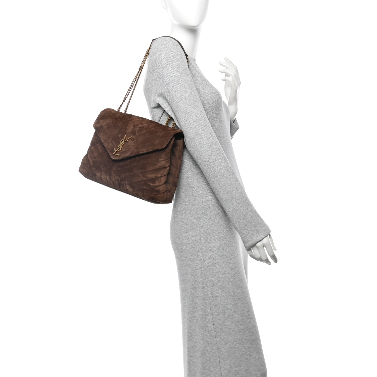 Saint Laurent Suede Y Quilted Monogram Medium Loulou Chain Satchel Bark Brown 2 of 11