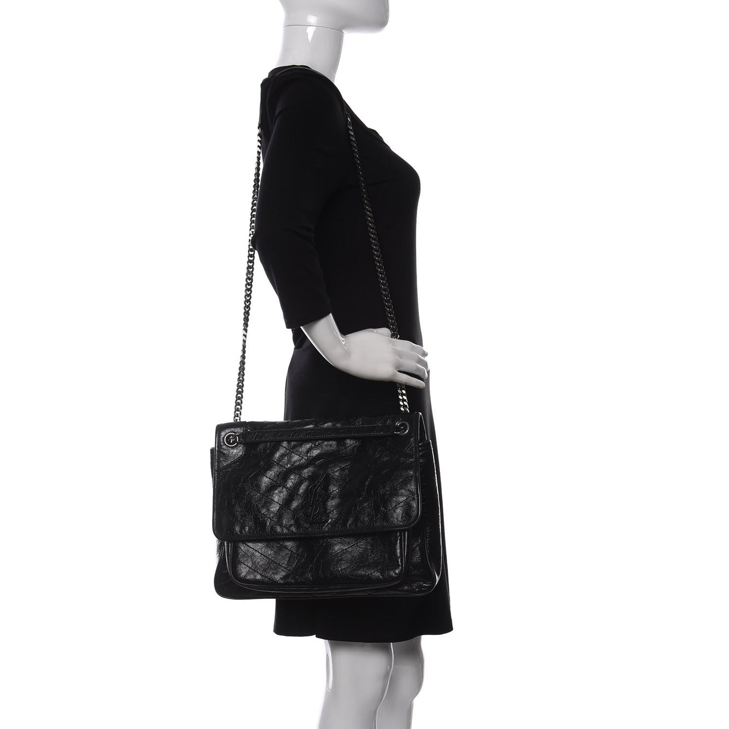 Crinkled Calfskin Matelasse Monogram Large Niki Chain Satchel Black