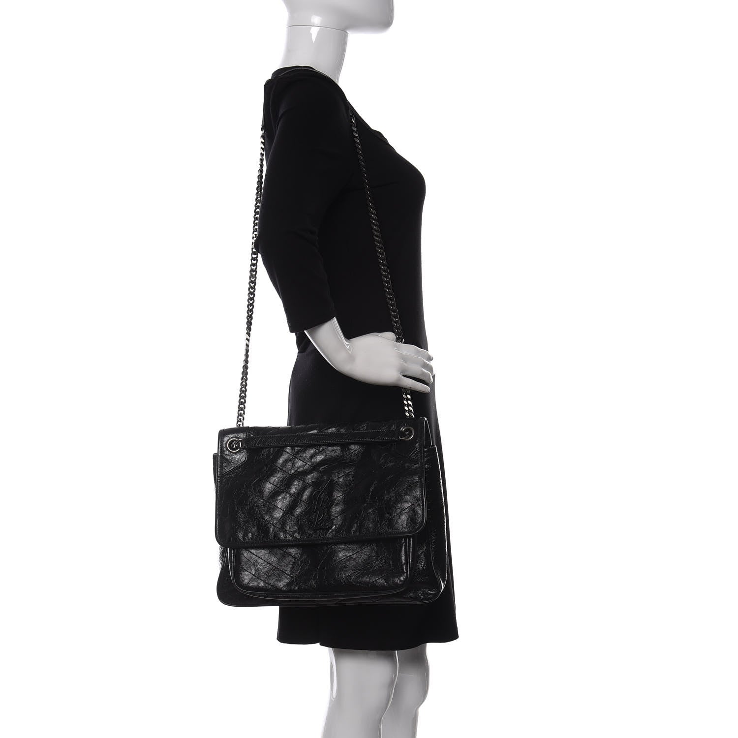Saint Laurent Crinkled Calfskin Matelasse Monogram Large Niki Chain Satchel Black 2 of 10