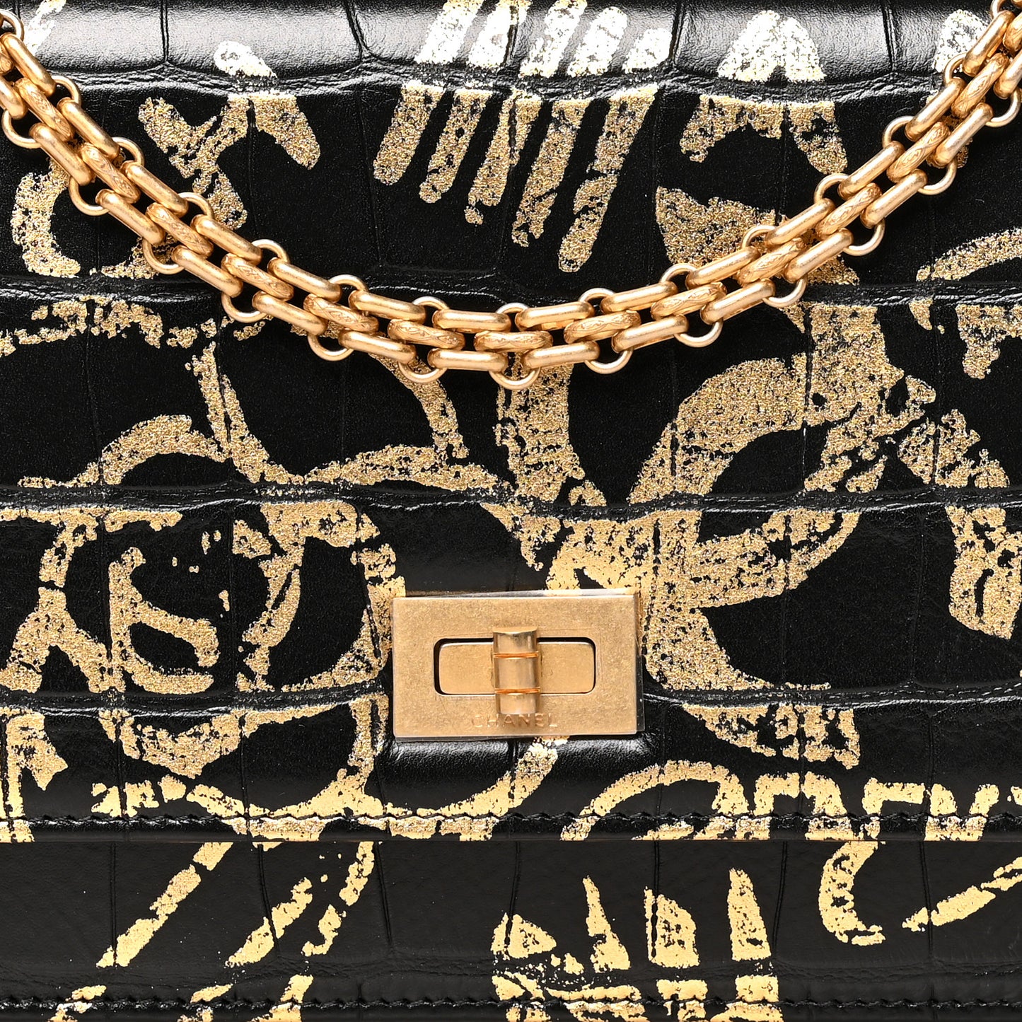 Calfskin Crocodile Embossed Graffiti 2.55 Cocodile Reissue Wallet On Chain WOC Black Gold