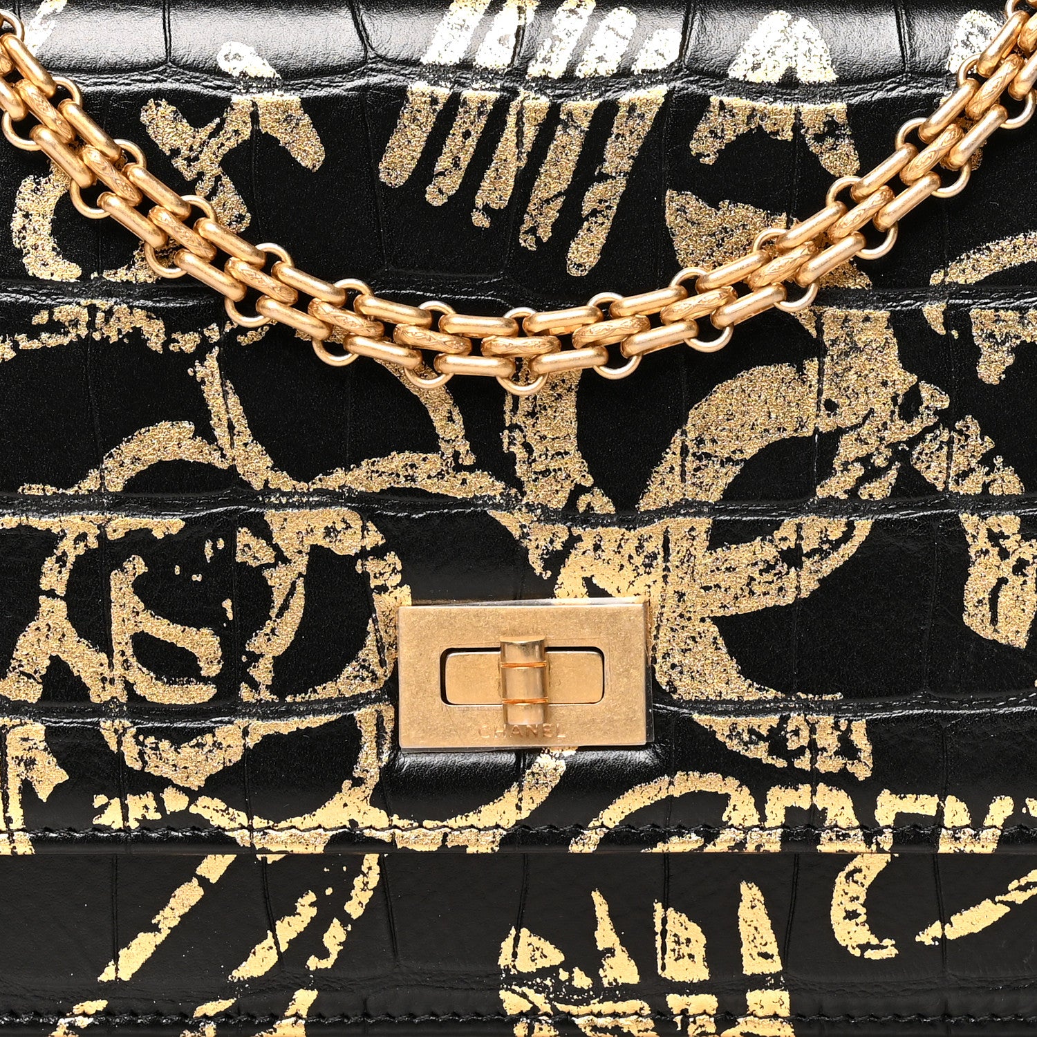 Chanel Calfskin Crocodile Embossed Graffiti 2.55 Cocodile Reissue Wallet On Chain WOC Black Gold 9 of 11
