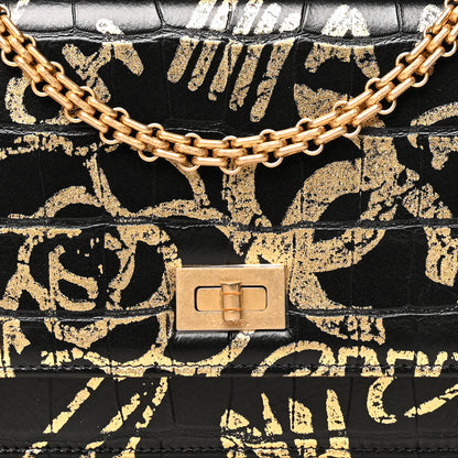 Chanel Calfskin Crocodile Embossed Graffiti 2.55 Cocodile Reissue Wallet On Chain WOC Black Gold 9 of 11