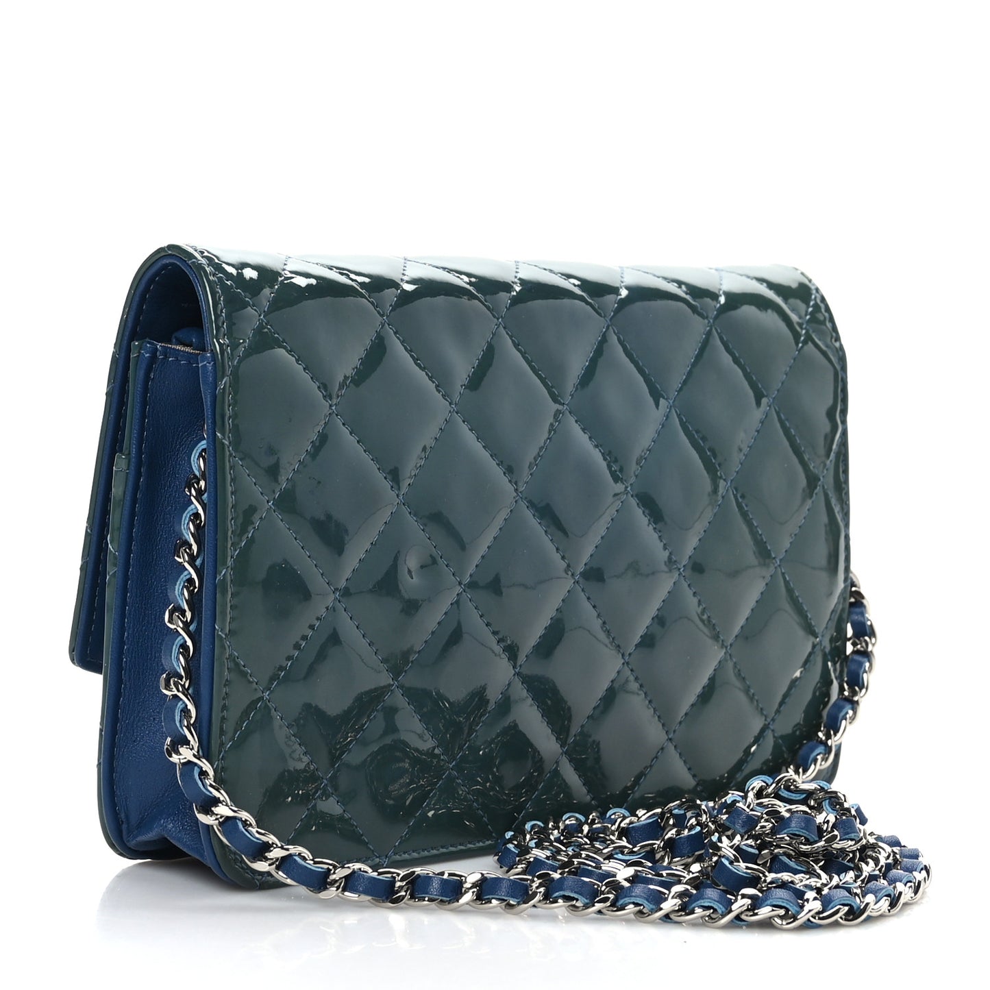 Patent Quilted Brilliant Wallet On Chain WOC Blue