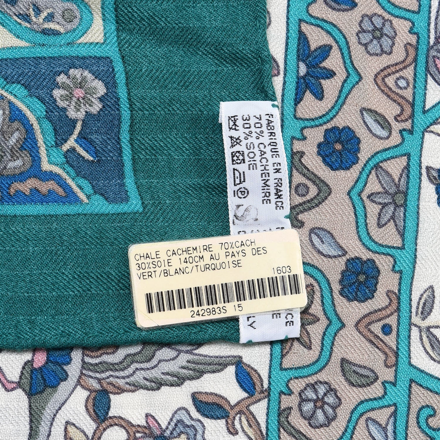 Hermes Cashmere Silk Au Pays Des Oiseaux Fleurs Shawl 140 Vert White Turquoise 4 of 4