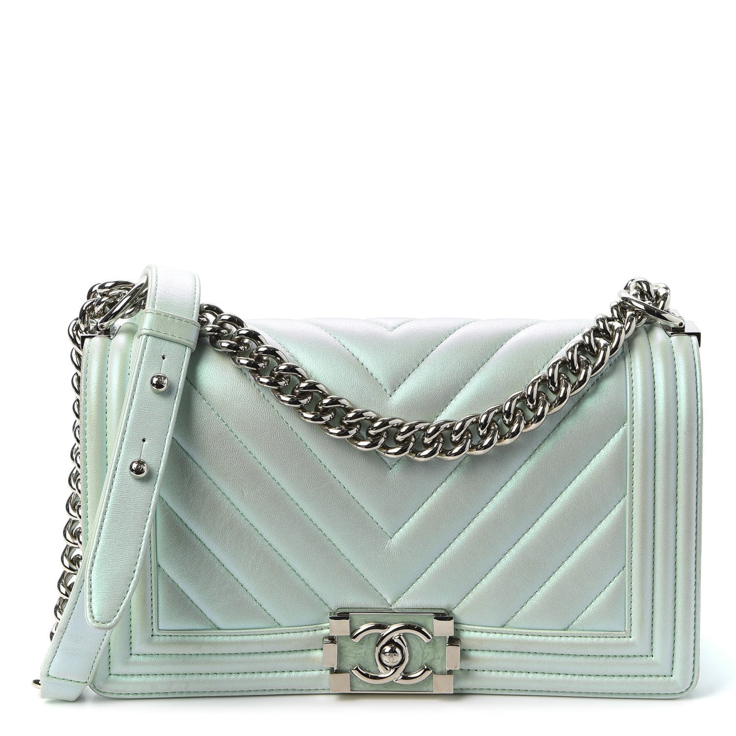 Iridescent Lambskin Chevron Quilted Medium Boy Flap Turquoise