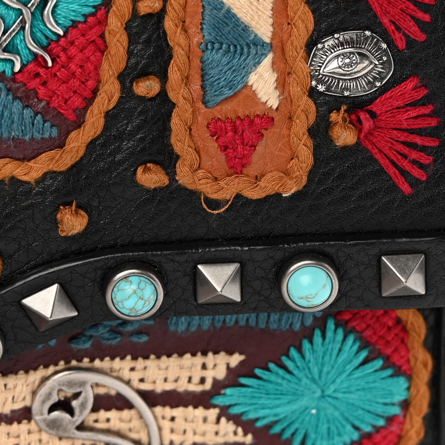 Valentino Garavani Calfskin Embroidered Medium Guitar Strap Rockstud Rolling Flap Saddle Bag Black 14 of 16