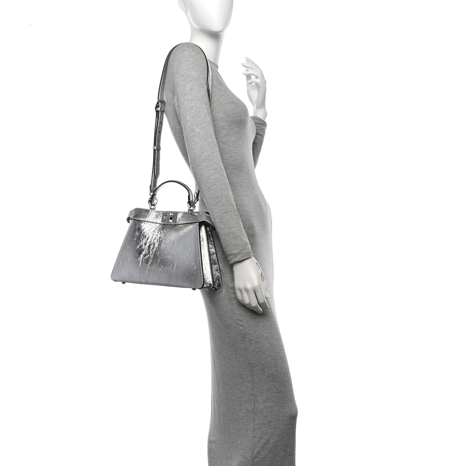 Fendi Rock Millenium Laminata Small Peekaboo I SEE U Satchel Argento 2 of 12