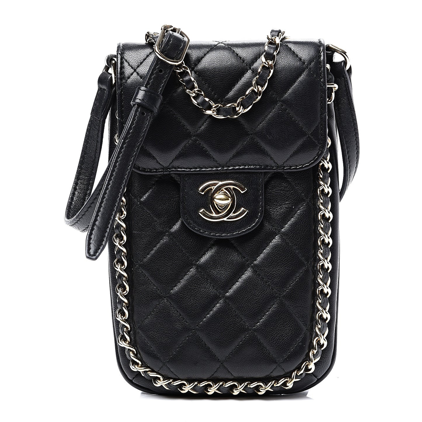 Lambskin Quilted Chain Around Flap Crossbody Black