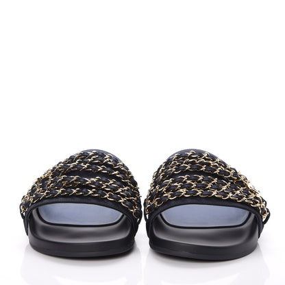 Chanel Lambskin Canvas Chain Flat Sandals 40 Marine 2 of 10