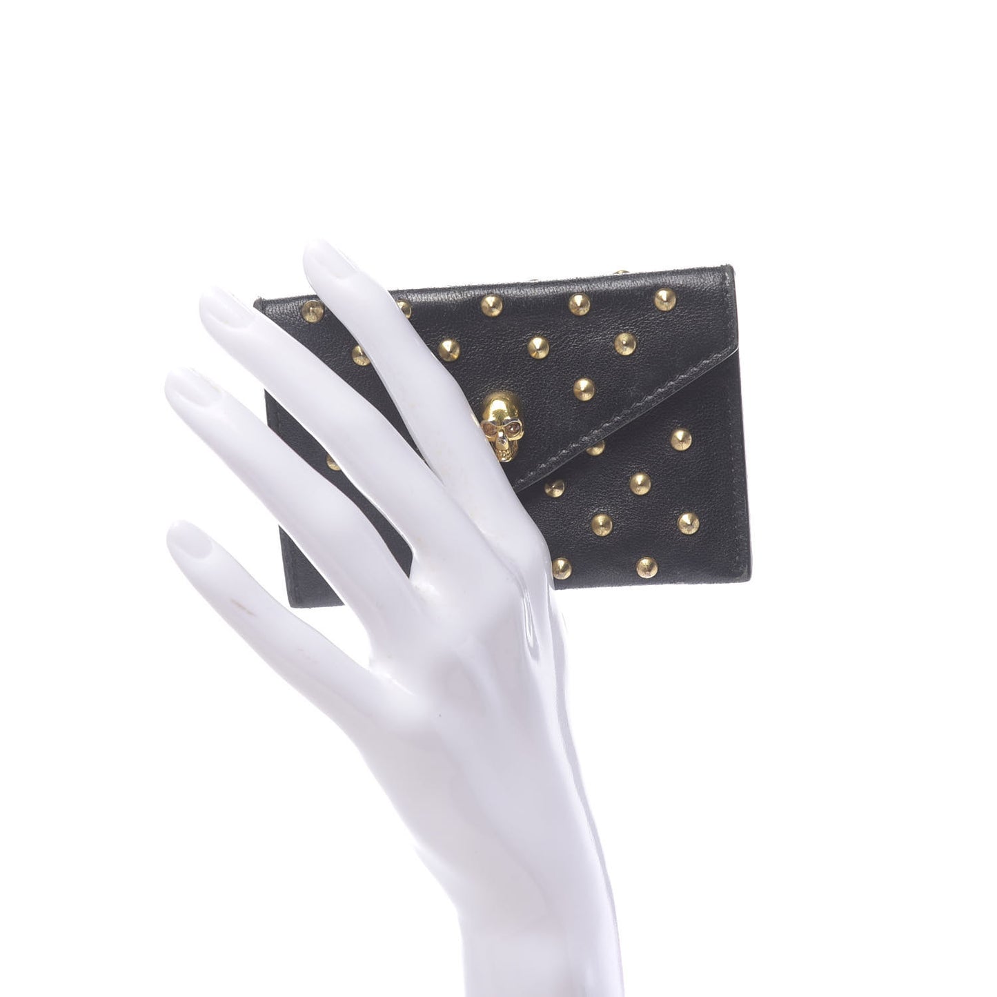 Calfskin Studded Skull Envelope Card Holder Black