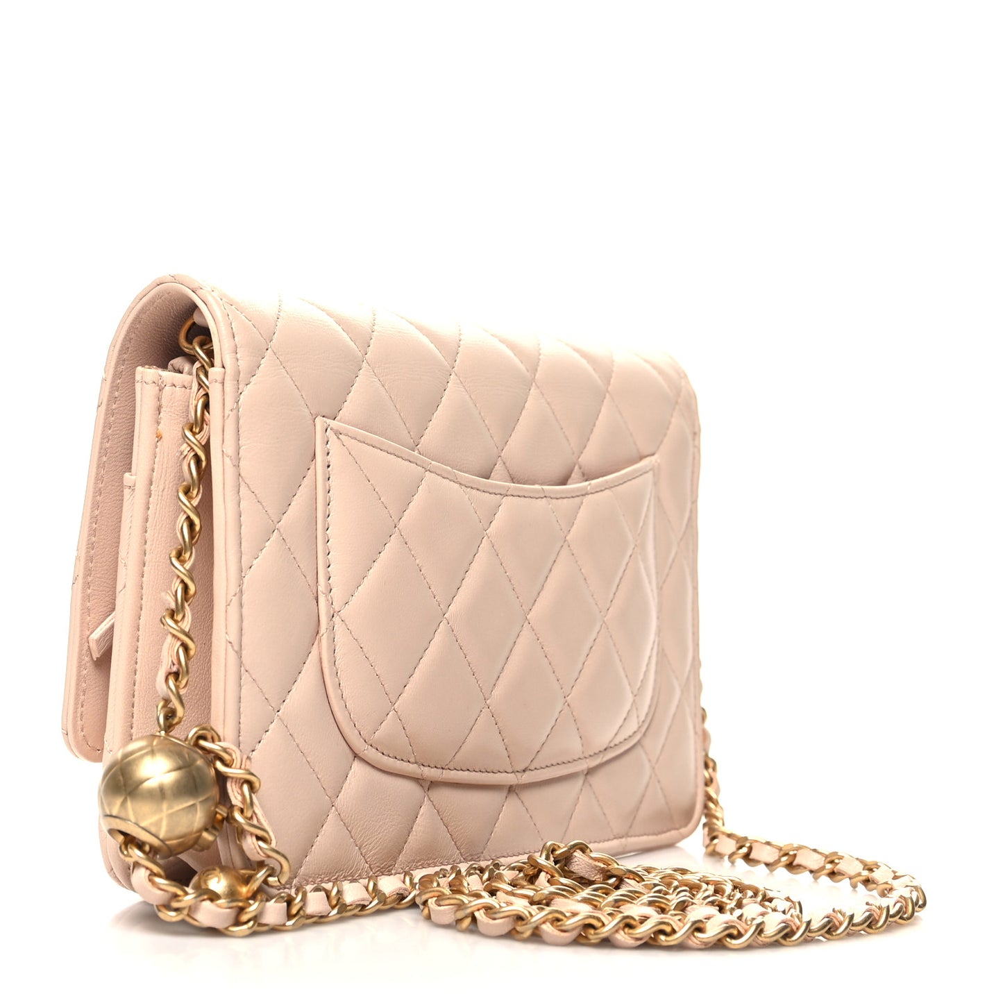 Lambskin Quilted CC Pearl Crush Wallet on Chain WOC Light Beige