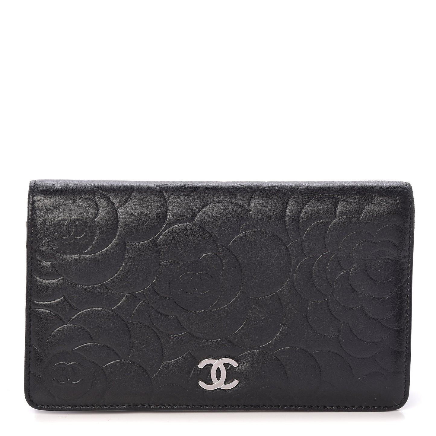 Lambskin Camellia Embossed Yen Wallet Black