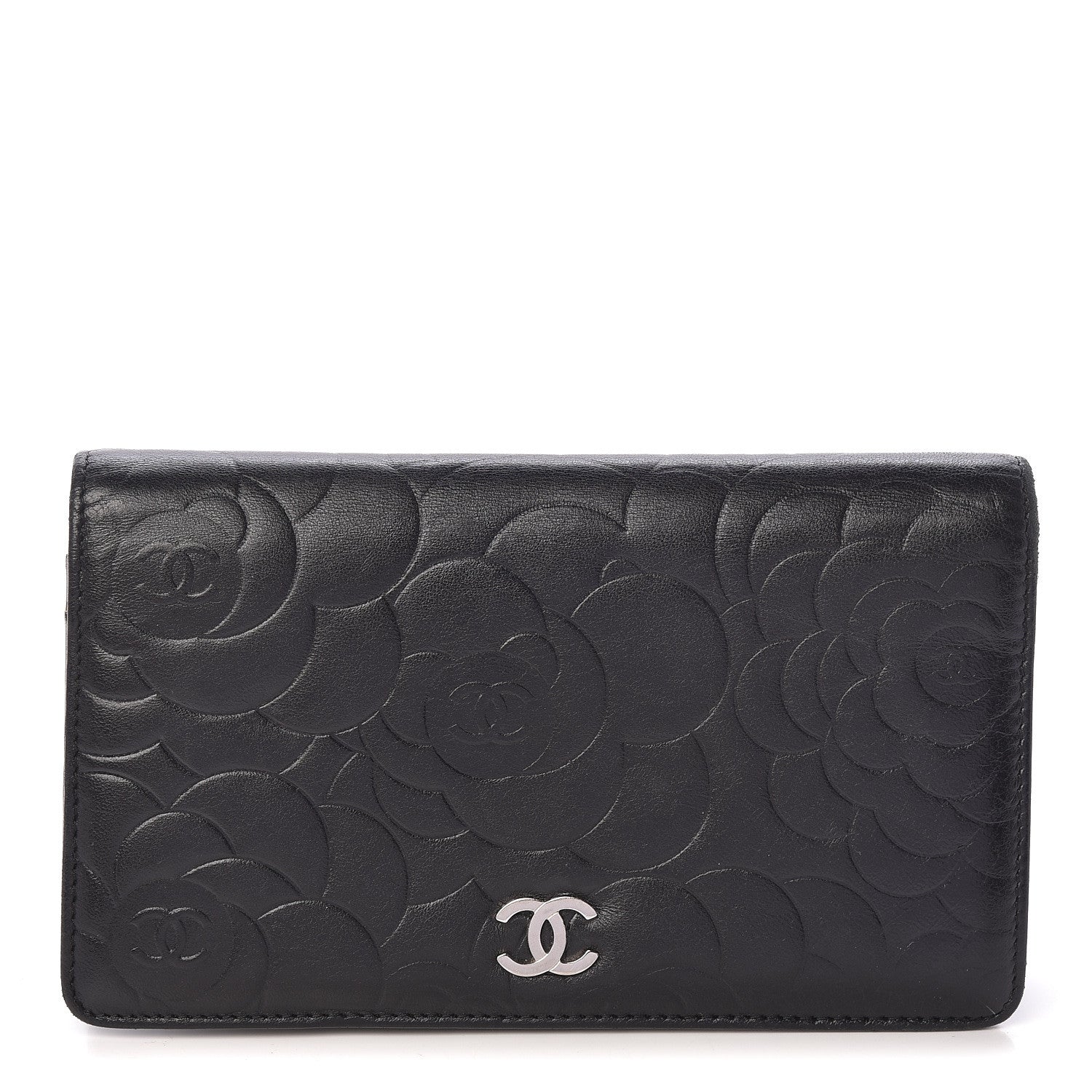 Chanel Lambskin Camellia Embossed Yen Wallet Black 1 of 15
