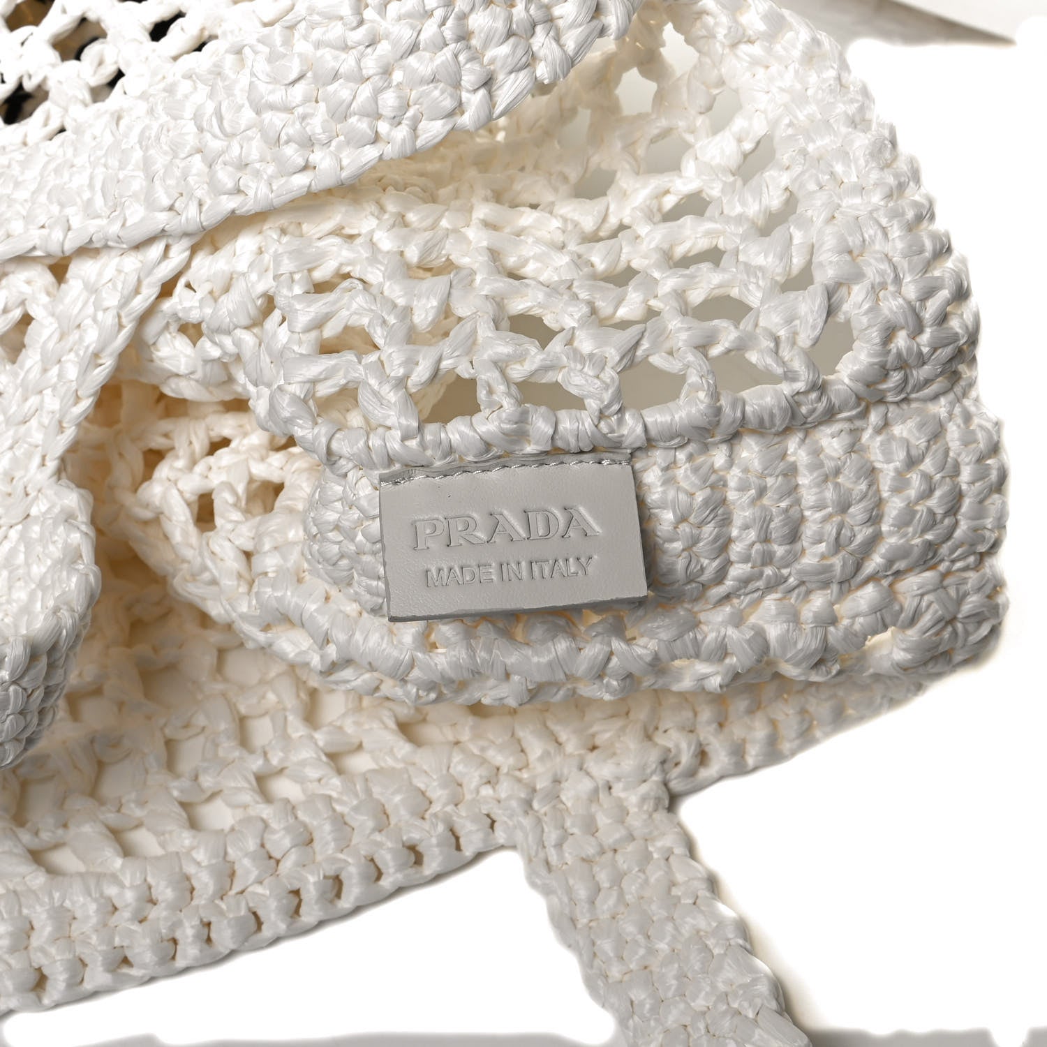 Prada Yarn Raffia Effect Crochet Logo Embroidered Tote Bag White 6 of 9