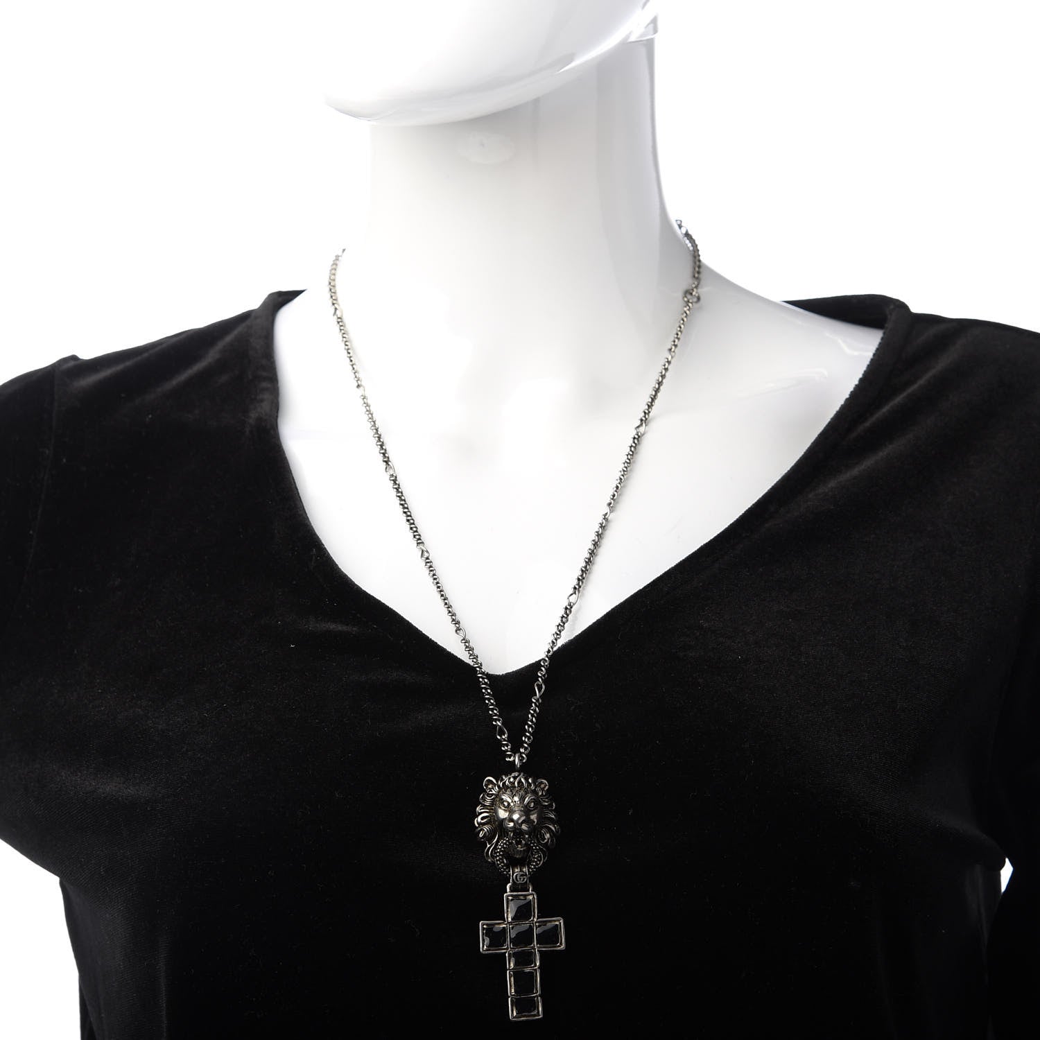 Gucci Enamel Brass Lion Head Crucifix Necklace Black 2 of 6