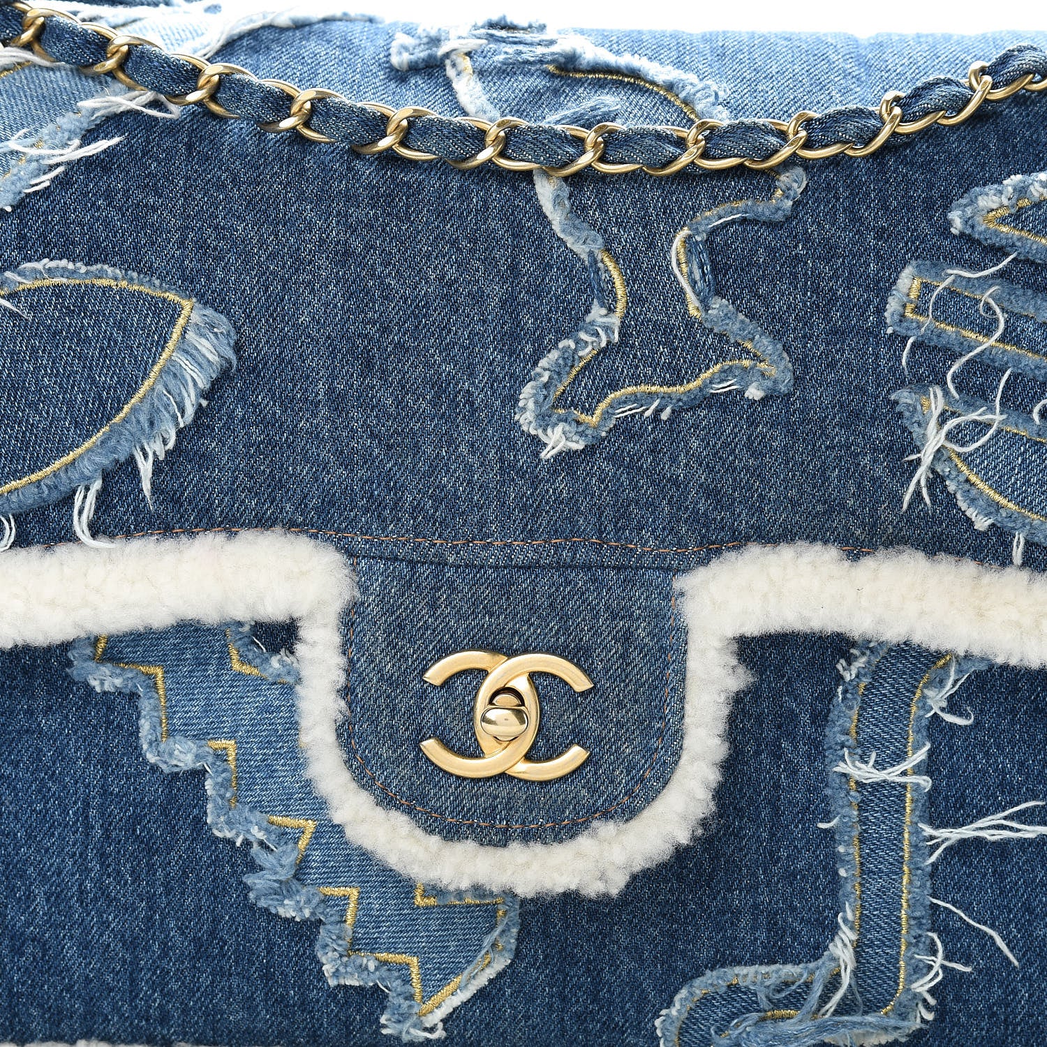 Chanel Denim Shearling Hieroglyph Flap Blue 8 of 10