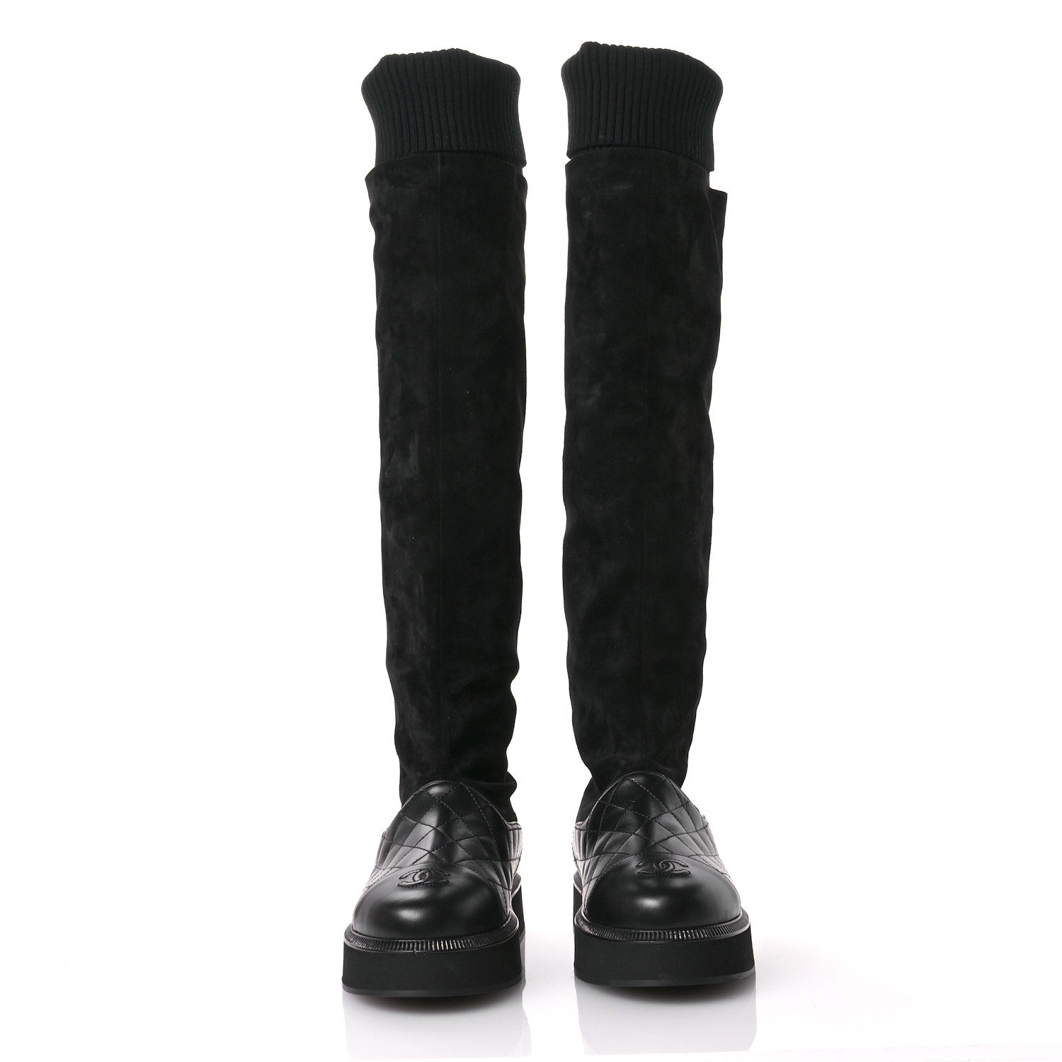 Chanel Suede Lambskin Calfskin Knit Womens High Boots 37 Black