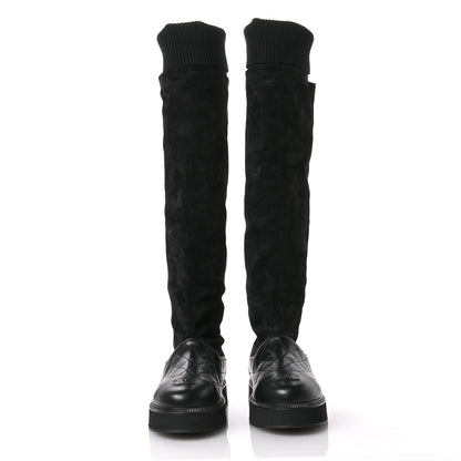 Chanel Suede Lambskin Calfskin Knit Womens High Boots 37 Black 3 of 8