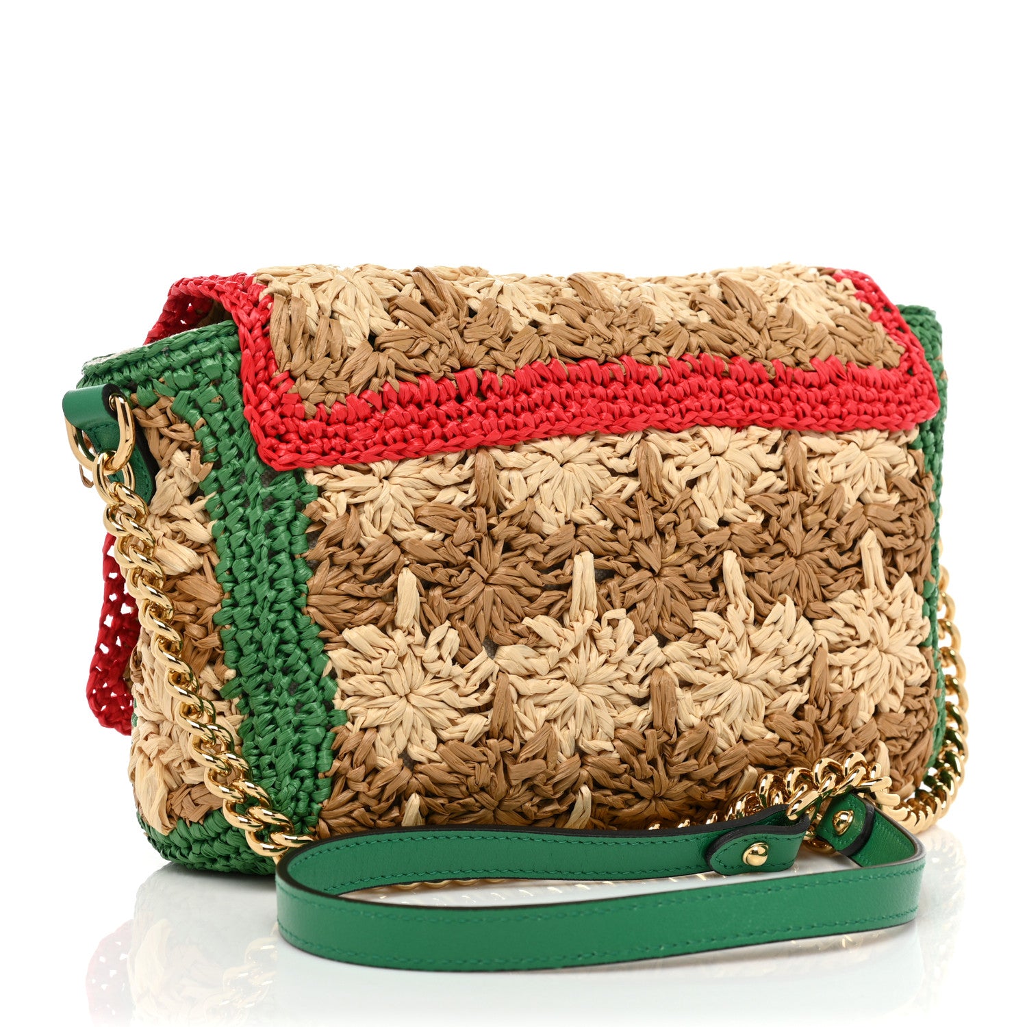 Gucci Raffia Azalea Calfskin Crochet Flower Small GG Marmont Shoulder Bag Natural Ecru Green Red New Shamarock 3 of 8