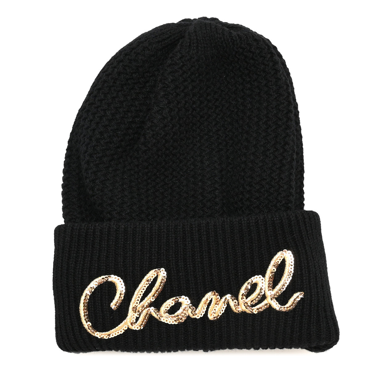 Cashmere Sequin Logo Beanie Hat Black Gold