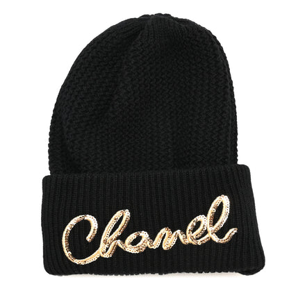 Chanel Cashmere Sequin Logo Beanie Hat Black Gold 1 of 5
