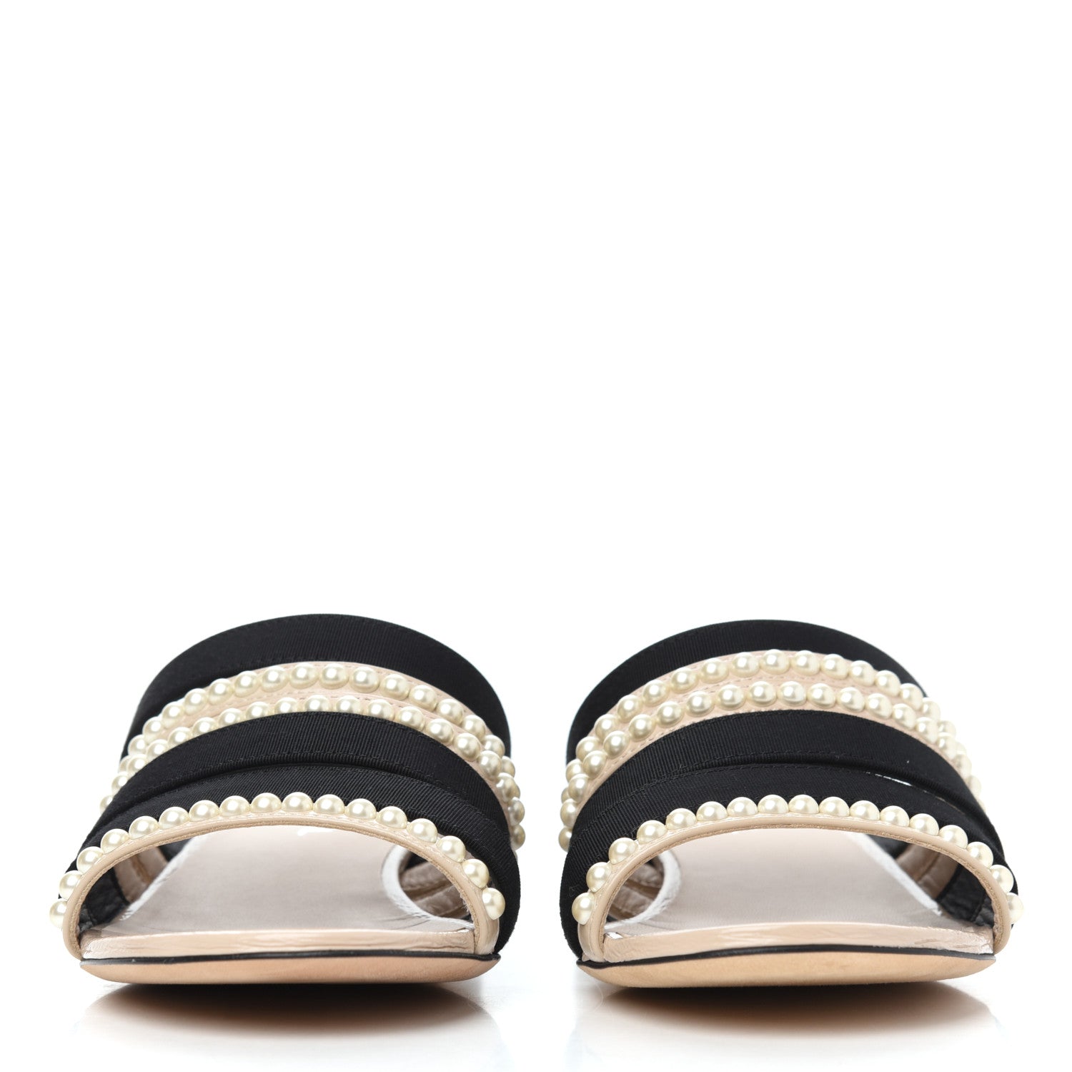 Chanel Patent Calfskin Grosgrain CC Pearl Mules 36 Beige Black 3 of 26
