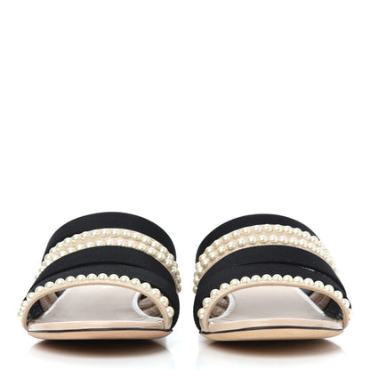 Chanel Patent Calfskin Grosgrain CC Pearl Mules 36 Beige Black 3 of 26