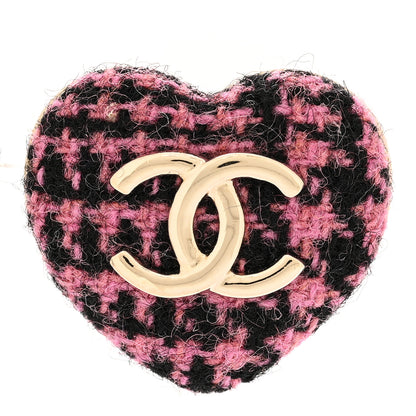 Chanel Tweed CC Heart Brooch Pink Black Gold 1 of 4