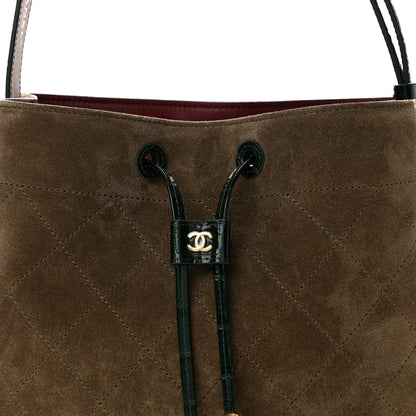 Chanel Suede Calfskin Crocodile Embossed Quilted CC Bucket Bag Dark Beige Green 8 of 11