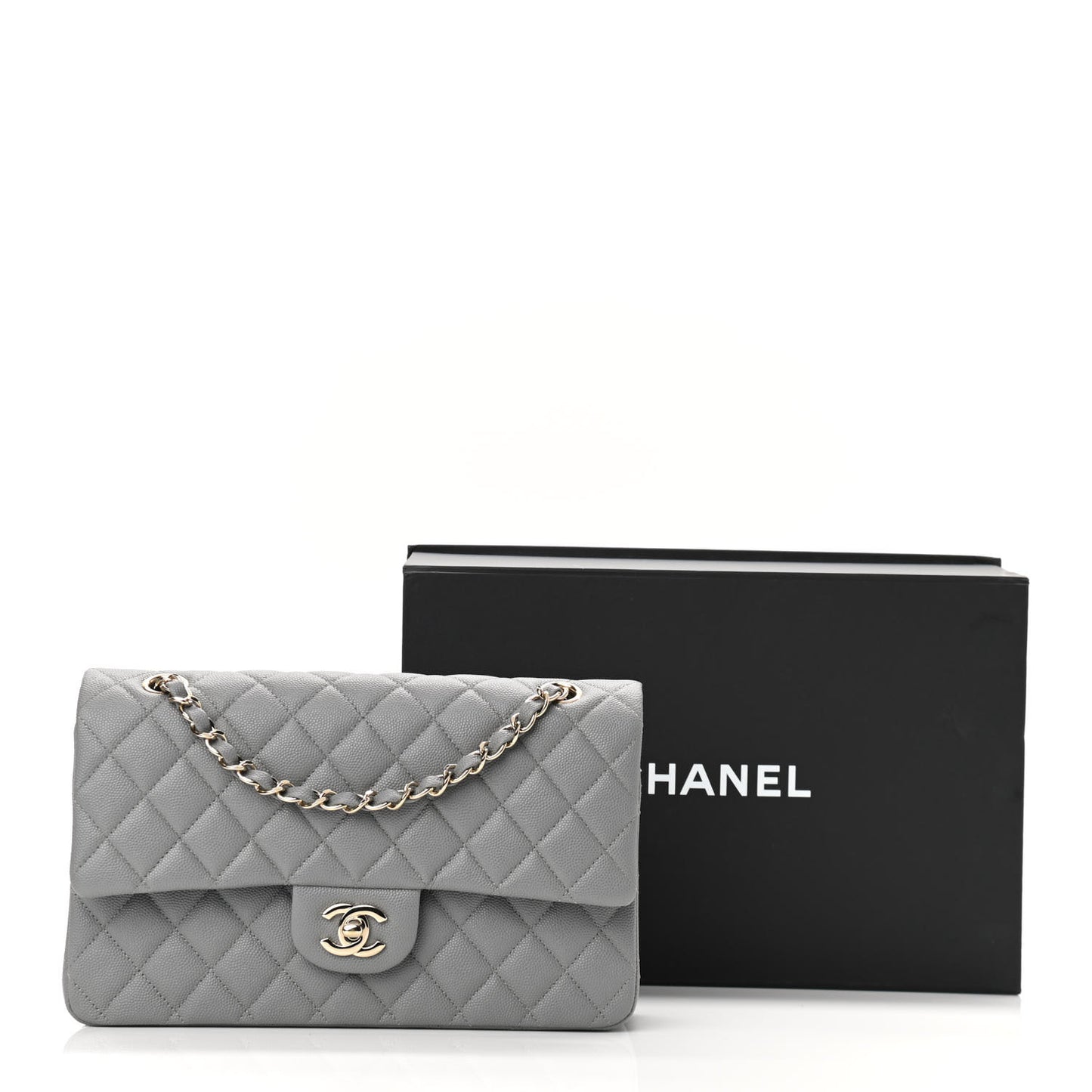 Caviar Quilted Medium Double Flap Grey