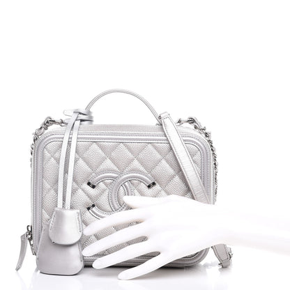 Chanel Metallic Caviar Quilted Medium CC Filigree Vanity Case Silver 3 of 8