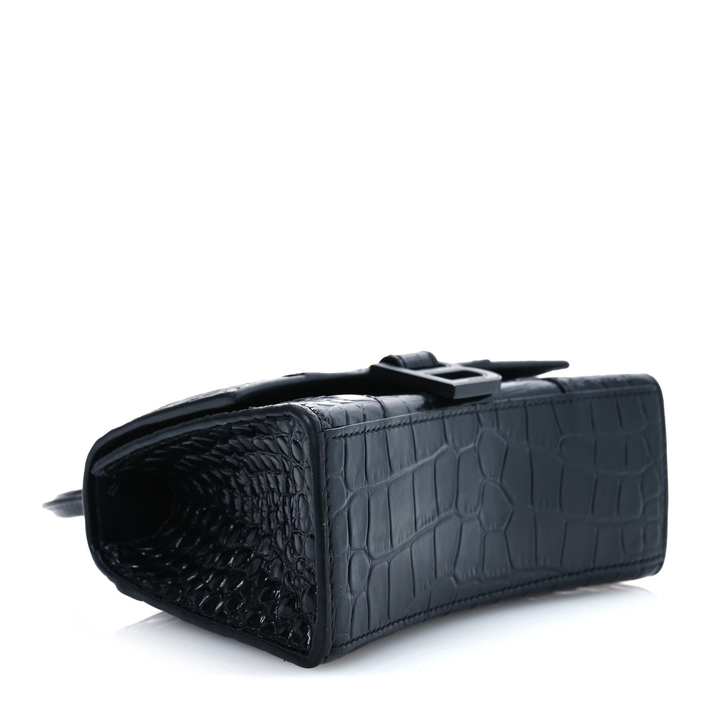 Shiny Calfskin Monochrome Crocodile Embossed Hourglass Top Handle Bag XS Black