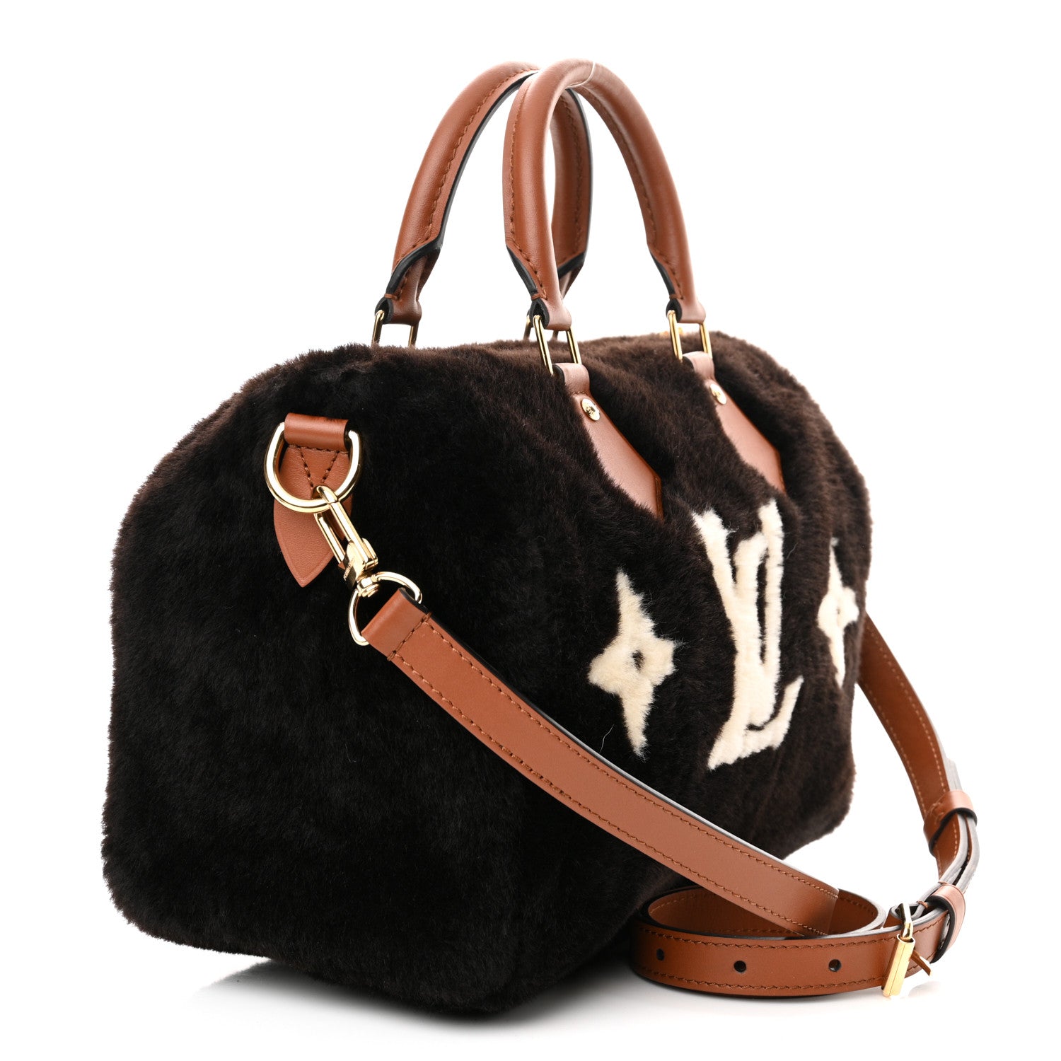 Louis Vuitton Shearling Monogram LV Ski Cozygram Speedy Bandouliere 25 Chocolate Cream 3 of 10