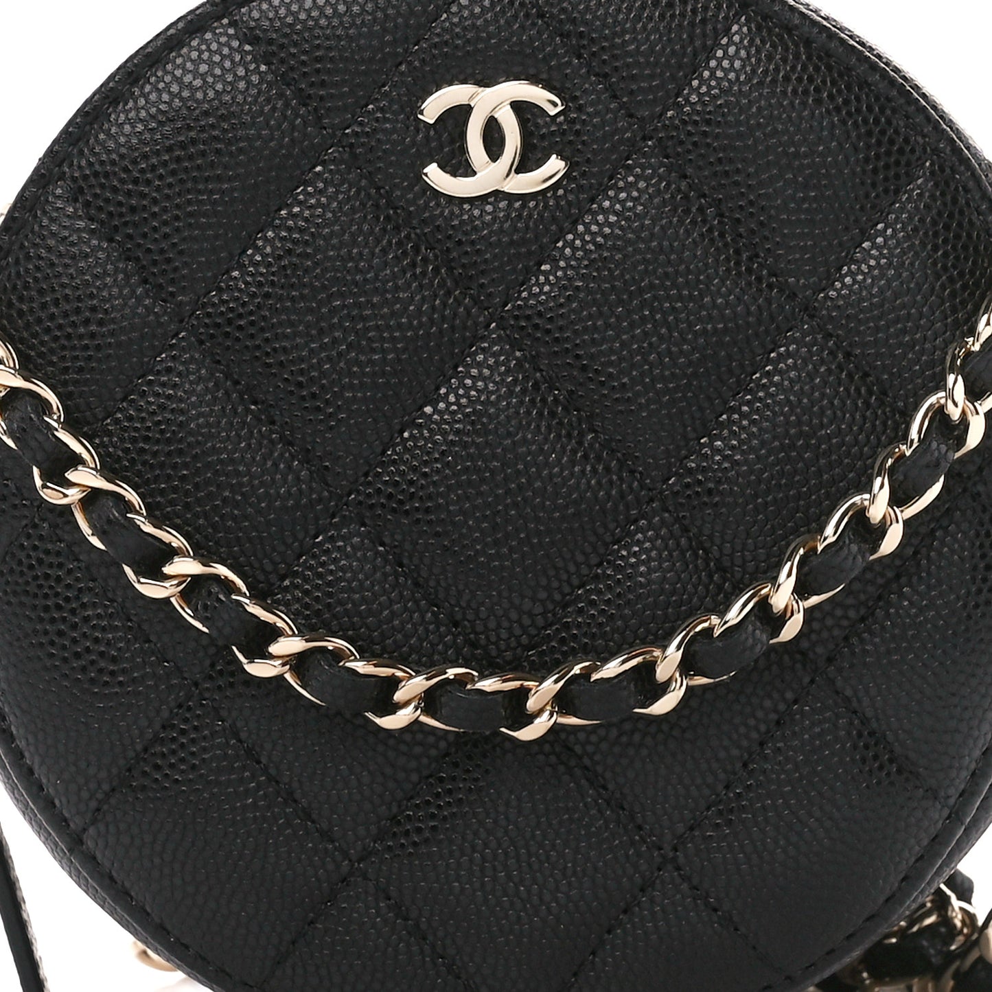 Caviar Quilted Round Clutch With Chain Black