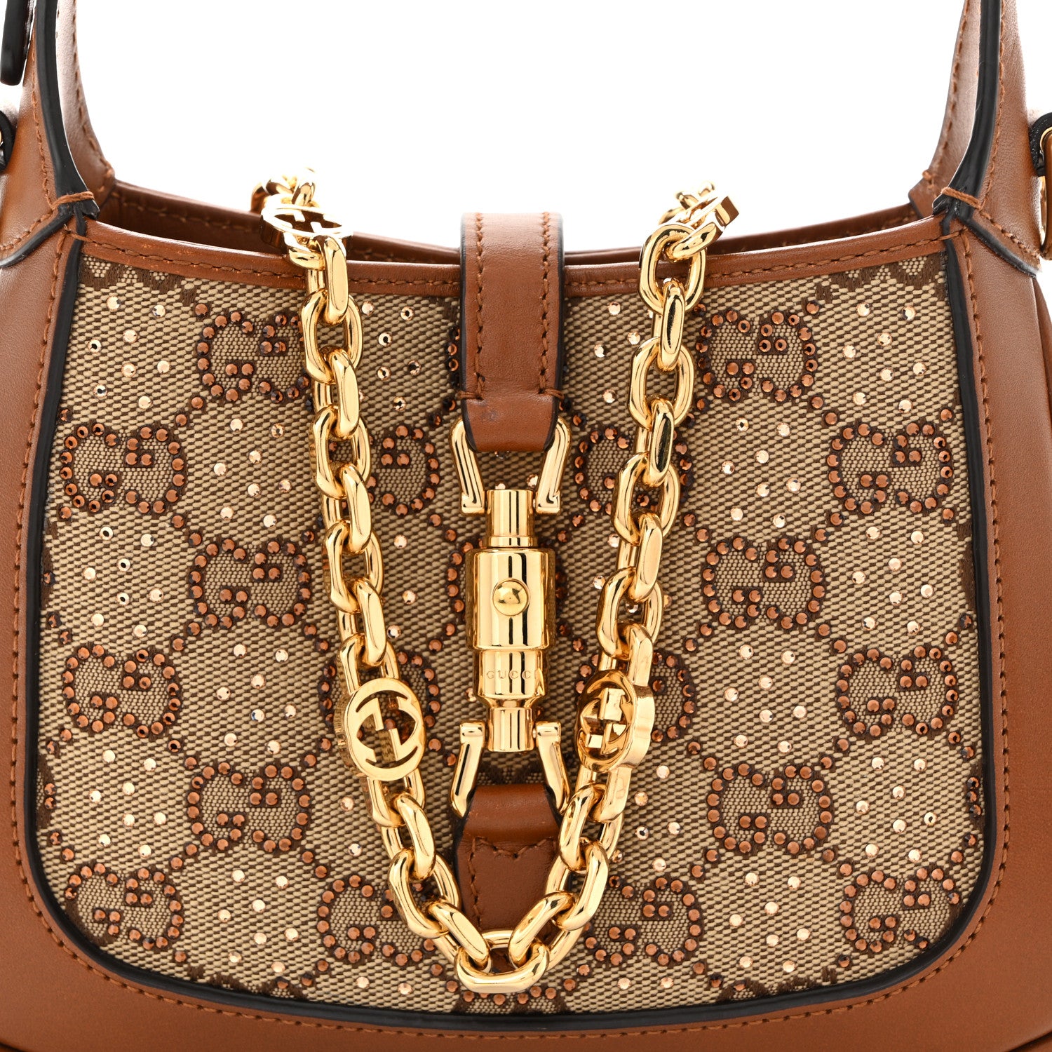 Gucci New Canvas Charisma Calfskin Crystal GG Monogram Mini Jackie 1961 Hobo Camel Ebony 8 of 12